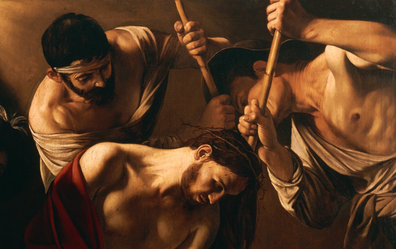 The Crowning with Thorns, ca. 1603 (olje på lerret) (detalj av 507206) av Michelangelo Merisi da Caravaggio