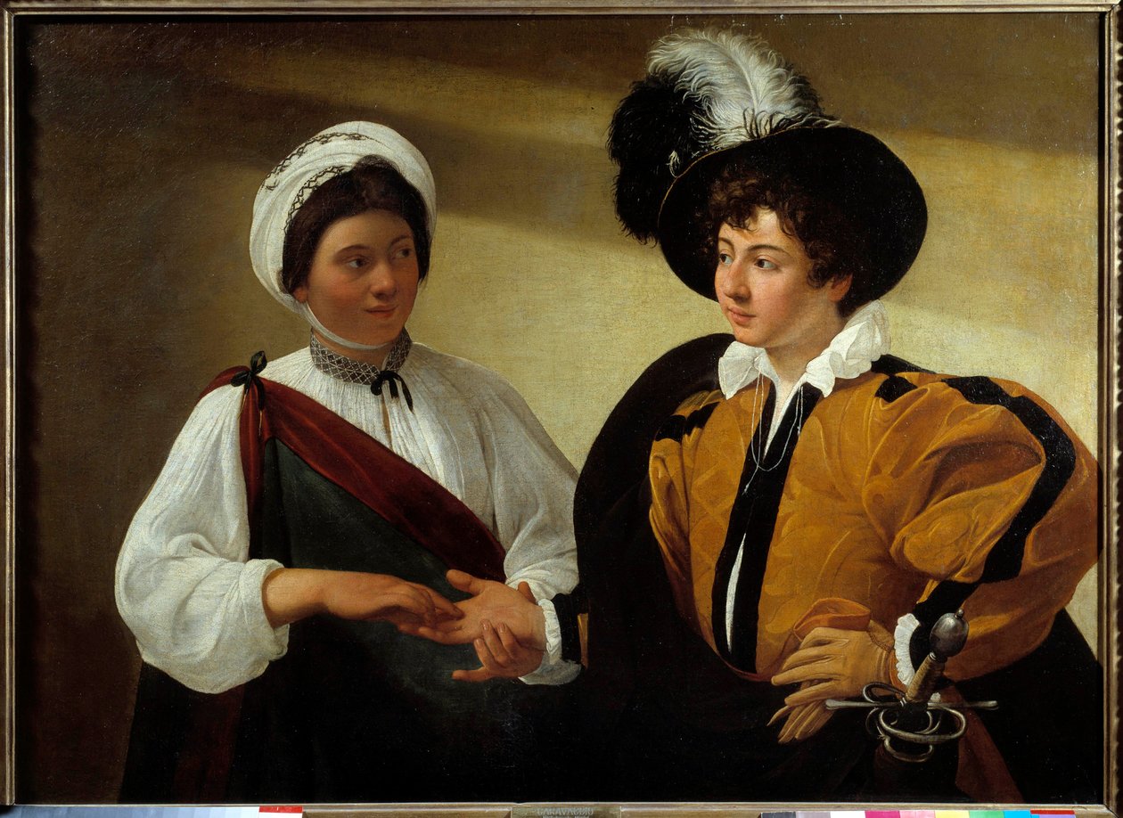 Spåkonen Maleri av Michelangelo Merisi da Caravaggio kalt Le Caravaggio (ca. 1571-1610) Søn.0,99x1,31 m av Michelangelo Merisi da Caravaggio