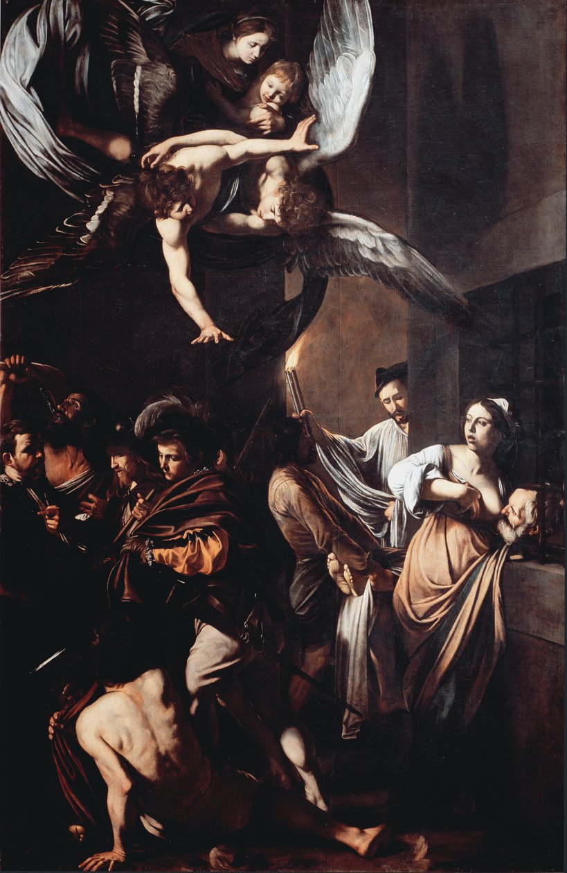 De syv verkene til misericorde (Sette opere di misericordia). Cimon dømmer til å sulte i fengsel lever av brystet til datteren Pero (Roman Charity) og i bakgrunnen bærer en mann en fakkel i flamme for å trekke ut et lik. Øverst har jomfruen t av Michelangelo Merisi da Caravaggio
