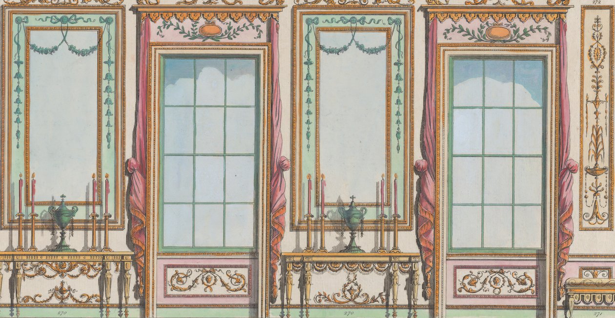 Innvendig dekorert vegg med vinduer og bryggeglass, nr. 267-273..., 27. februar 1784. av Michelangelo Pergolesi