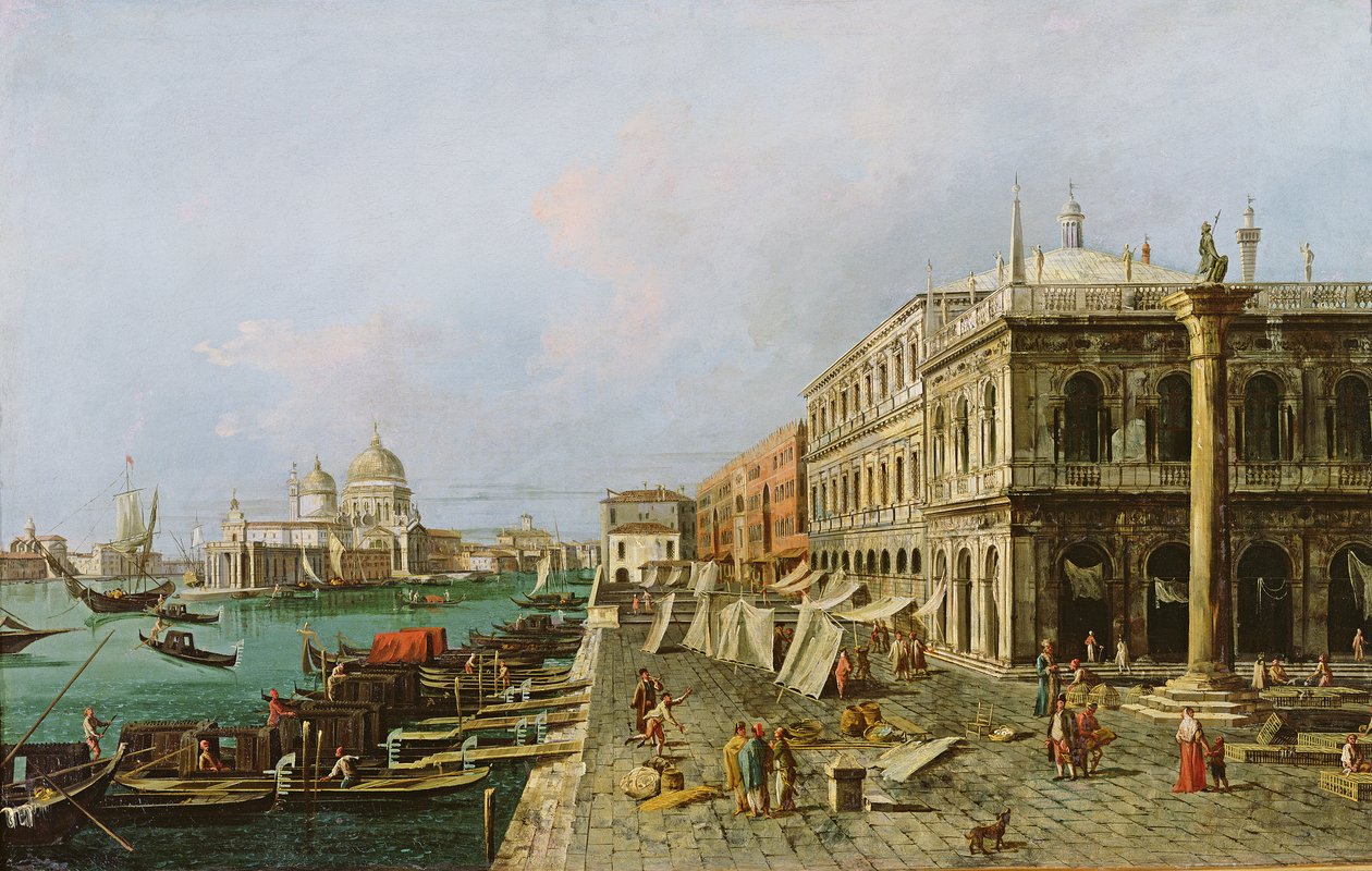 Utsikt over Molo foran Palazzo della Zecca, med Santa Maria della Salute i bakgrunnen, Venezia av Michele Marieschi