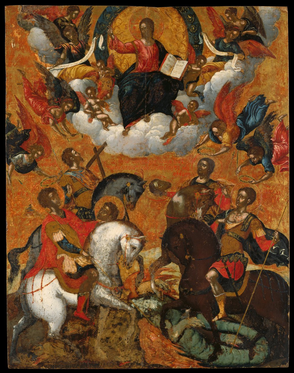 Ikon for fire militære hellige til hest (eggtempera på panel) av Michele attr. to Damaskinos