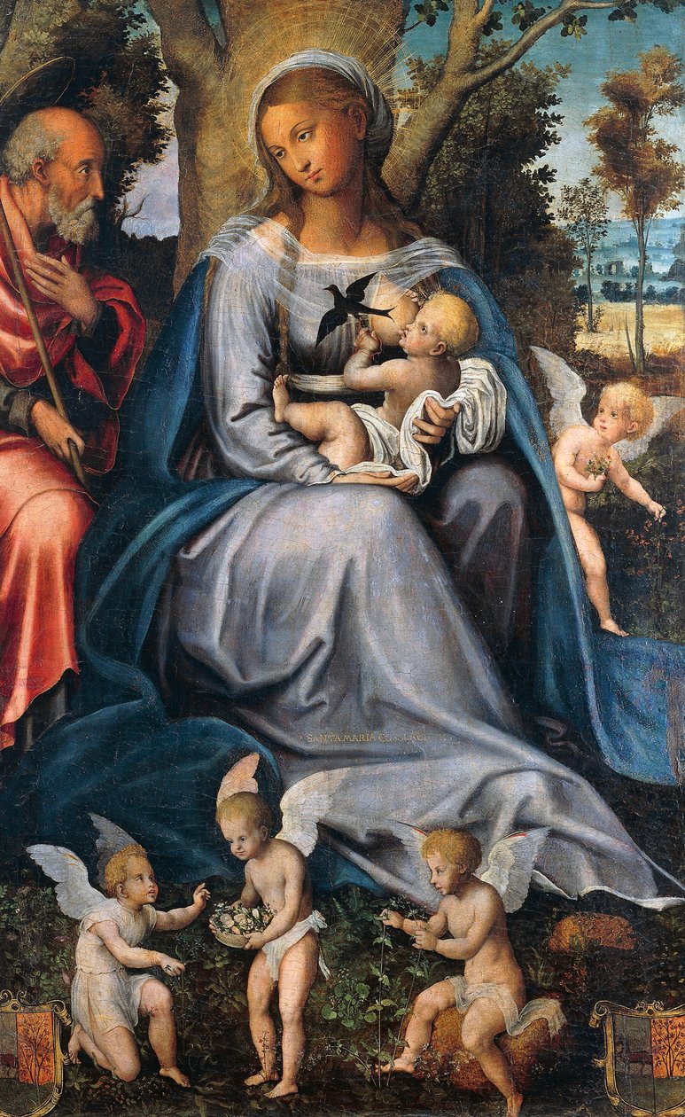 Hvil i Egypt, sentralpanel i Triptych of Consolation, tilskrevet Michele Cavaro (1517-1584), tempera og olje på tre. av Michele (attr.) Cavaro