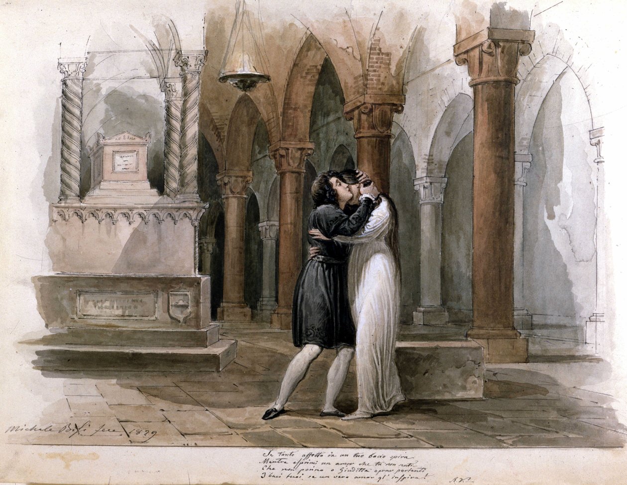 I Capuleti e i Montecchi (Les Capulet et les Montaigu) av Vincenzo Bellini, forestilling på Fenice Theatre i Venezia. Giuditta Pasta og Giulia Grisi fremfører Romeo og Julie. Akvarell av Michele Bisi av Michele Bisi