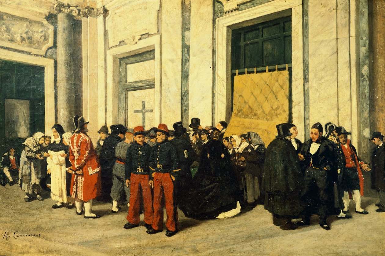Inngangshallen til Santa Maria Maggiore, ca 1865, av Michele Cammarano (1835-1920), Italia, Olje på lerret. av Michele Cammarano