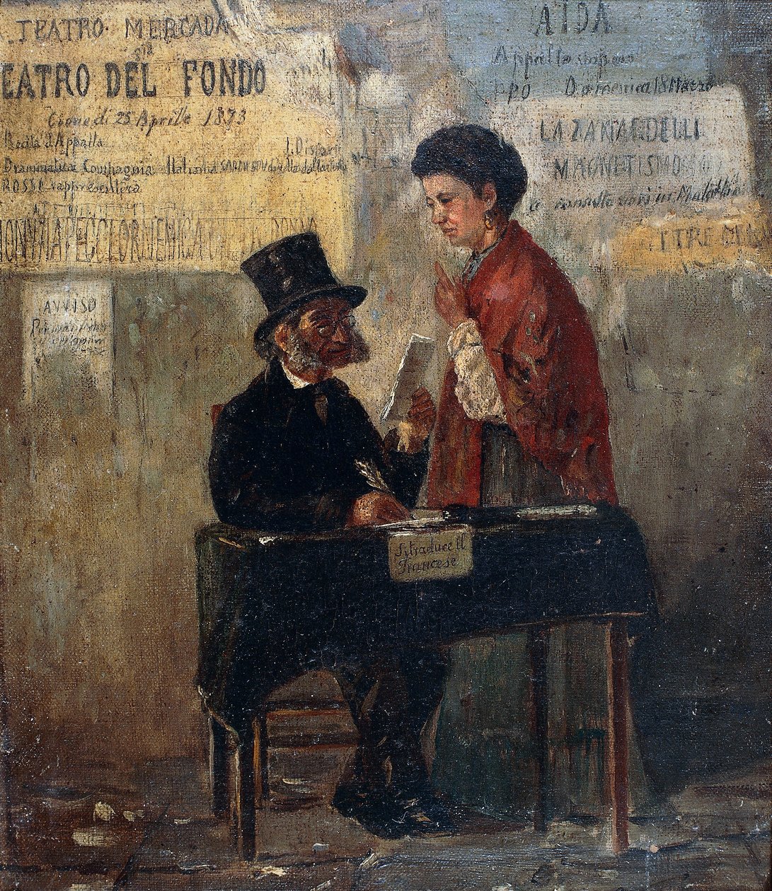 Teaterplakater og offentlig skribent, av Michele Cammarano (1835-1920) av Michele Cammarano