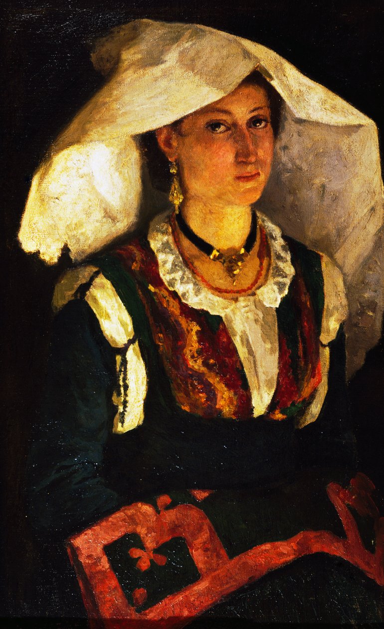 Kvinne i sardinsk drakt, ca 1875, av Michele Cammarano (1835-1920), olje på lerret. av Michele Cammarano