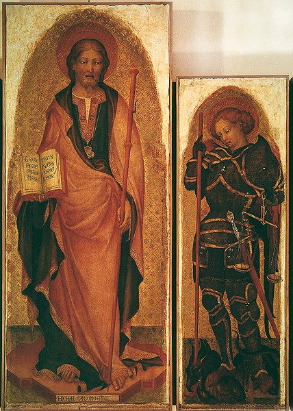 Saint James med helgener, detalj av St. James og St. Michael the Archangel, ca. 1450 (tempera på panel med gull) (detalj av 256989) av Michele Giambono