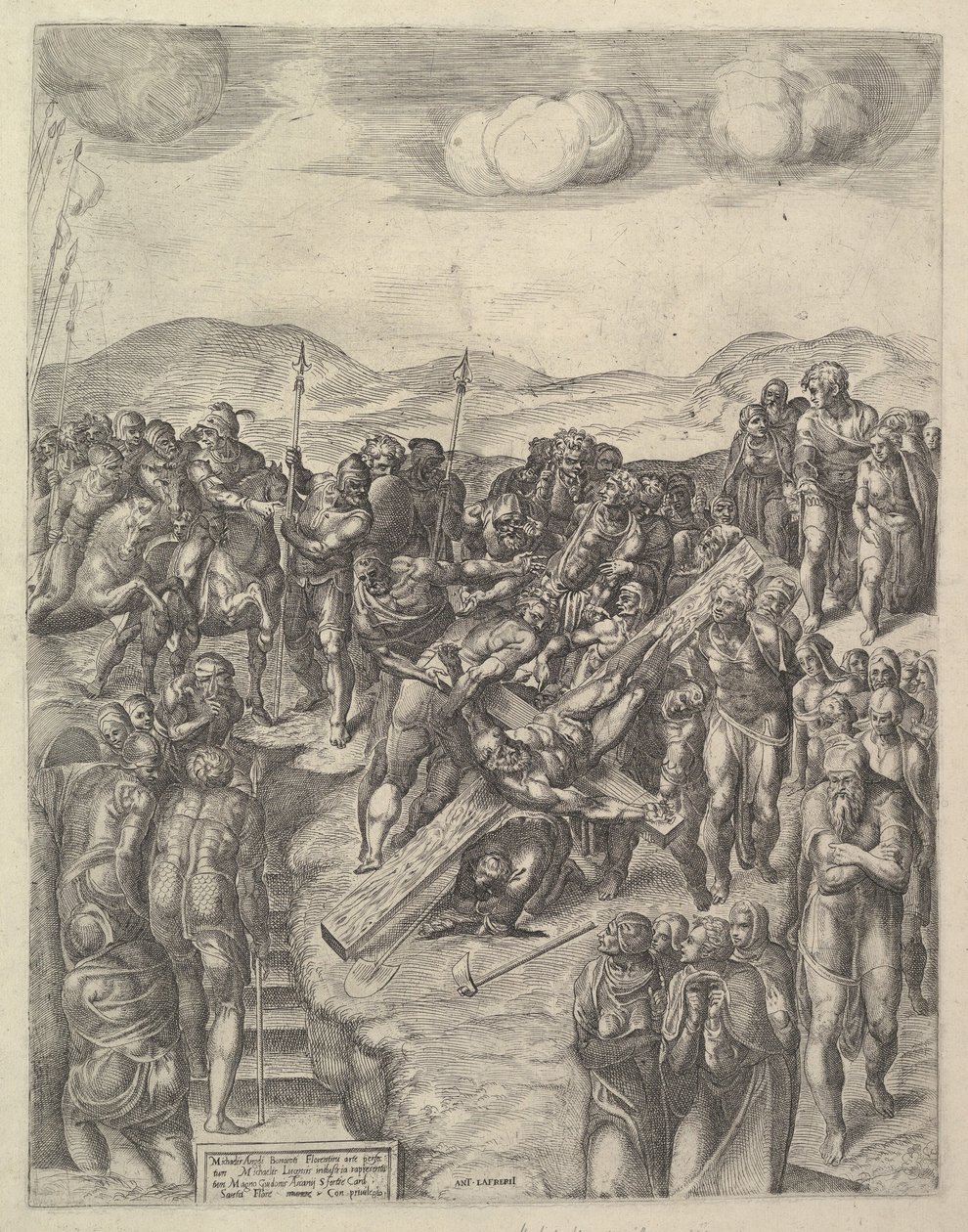 The Crucifixion of Saint Peter, etter Michelangelos fresker i Pauline Chapel, Va..., 1550-60. av Michele Lucchese