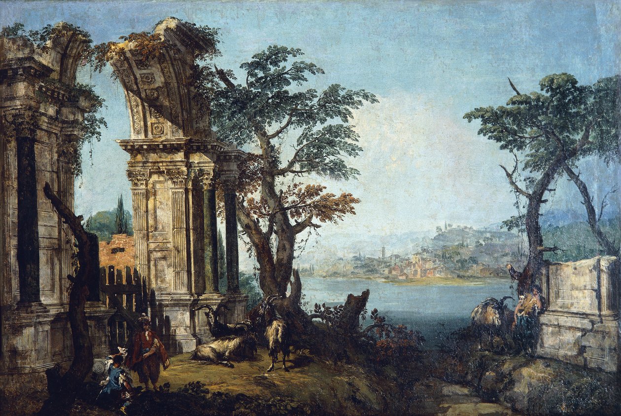 Capriccio med klassisk bue og geiter av Michele Marieschi