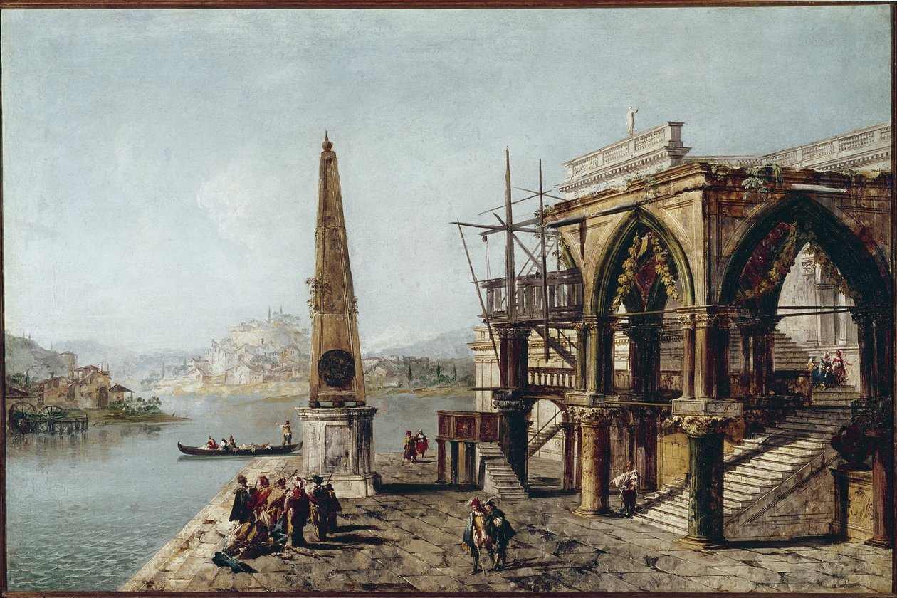 Imaginary View med Obelisk (olje på lerret av Michele Marieschi
