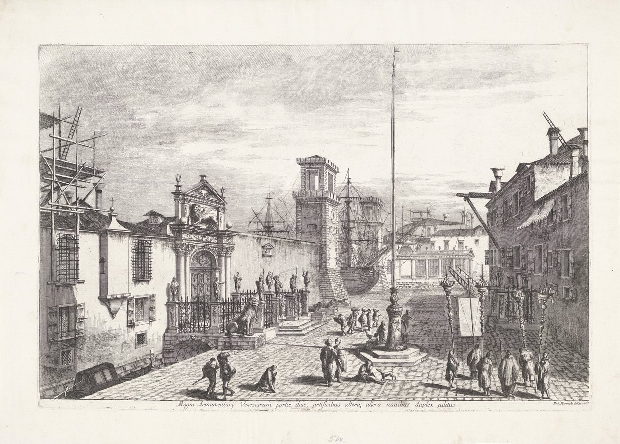 Porta Magna van het Venetiaans Arsenaal De to portene til det store arsenalet i Venezia (...) (tittel på objekt) Gezichten op Venetië (serietittel) Storslått og utvalgt utsikt over byen Venezia (serietittel) av Michele Marieschi