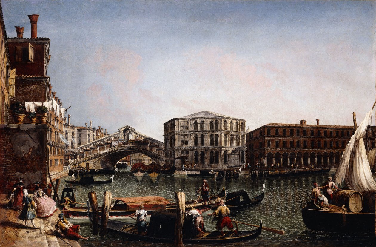Rialtobroen, Venezia med Fondaco dei Tedeschi i forgrunnen, av Michele Marieschi