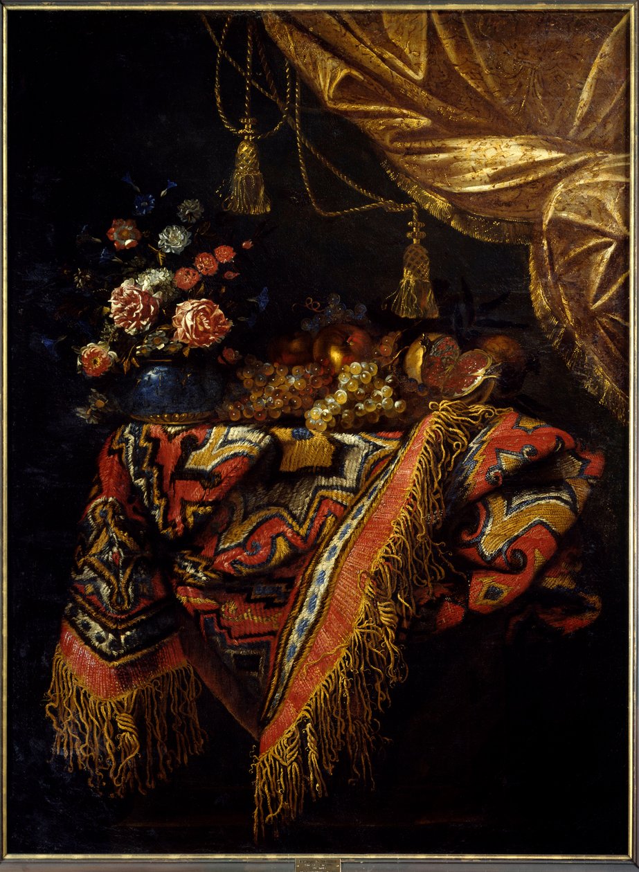 Stilleben Frukt og blomster posert på en duk. Maleri av Michelangelo Campidoglio (1610-1670) 1600-tallet Rennes, Museum of Fine Arts. av Michele Pace del Campidoglio