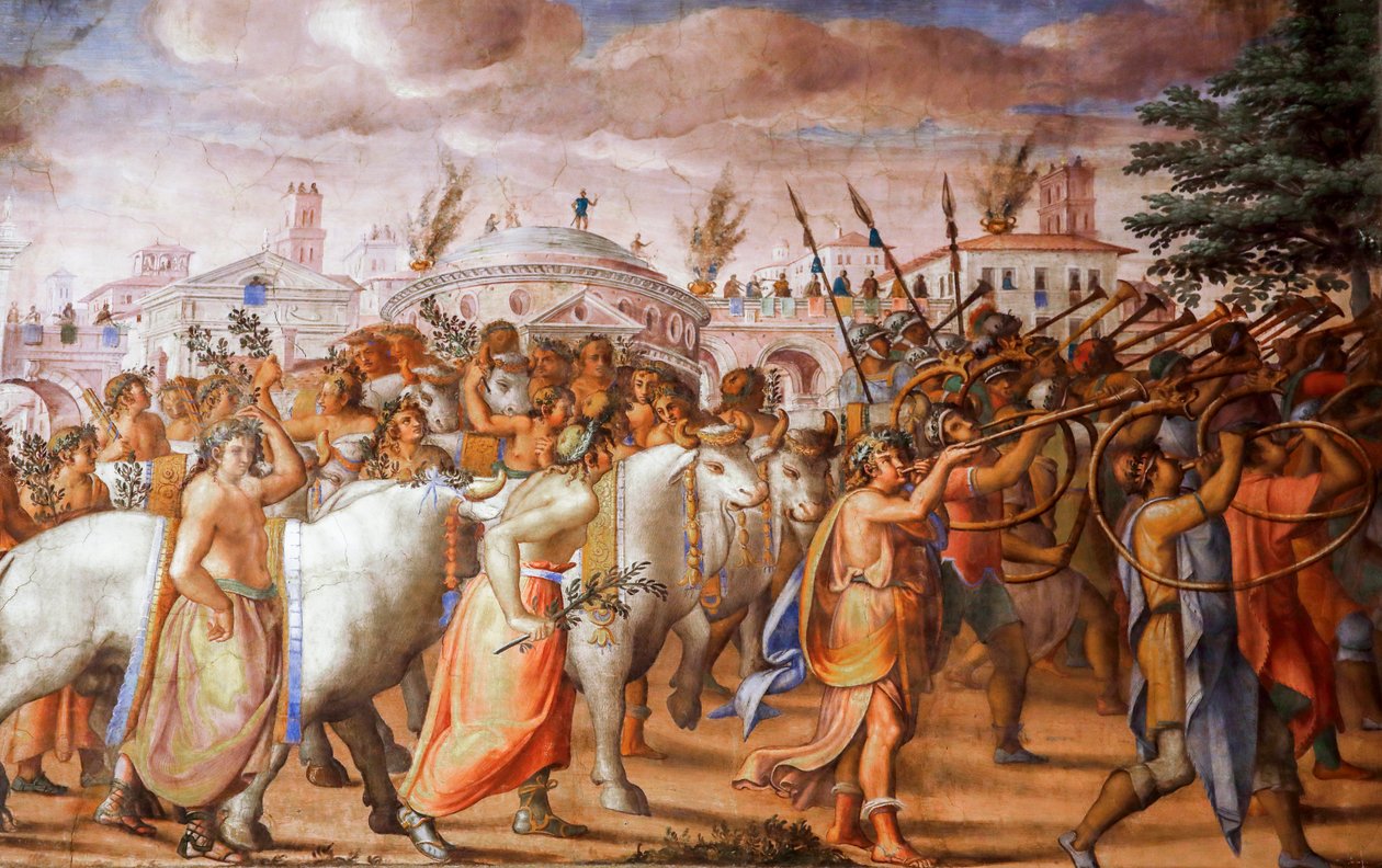 Triumf til konsulen Lucius Aemilius Paulus over Perseus, kongen av Makedonia (detalj), ca 1570 (fresco) av Michele and Rocchetti Jacopo Alberti