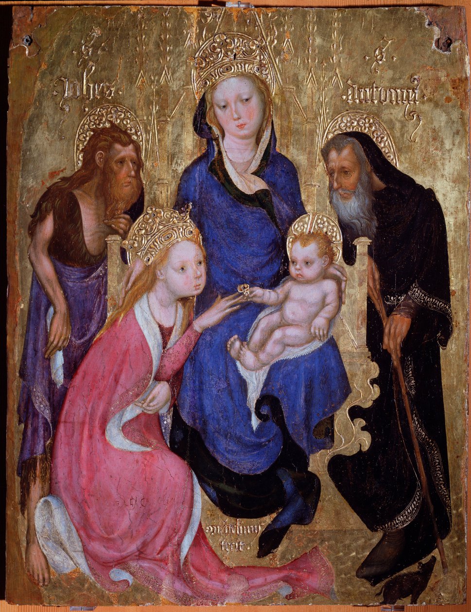 Det mystiske ekteskapet til Saint Catherine med de hellige døperen Johannes og Anthony av Egypt - Maleri, rundt 1420 av Michelino Molinari da (attr. to) Besozzo
