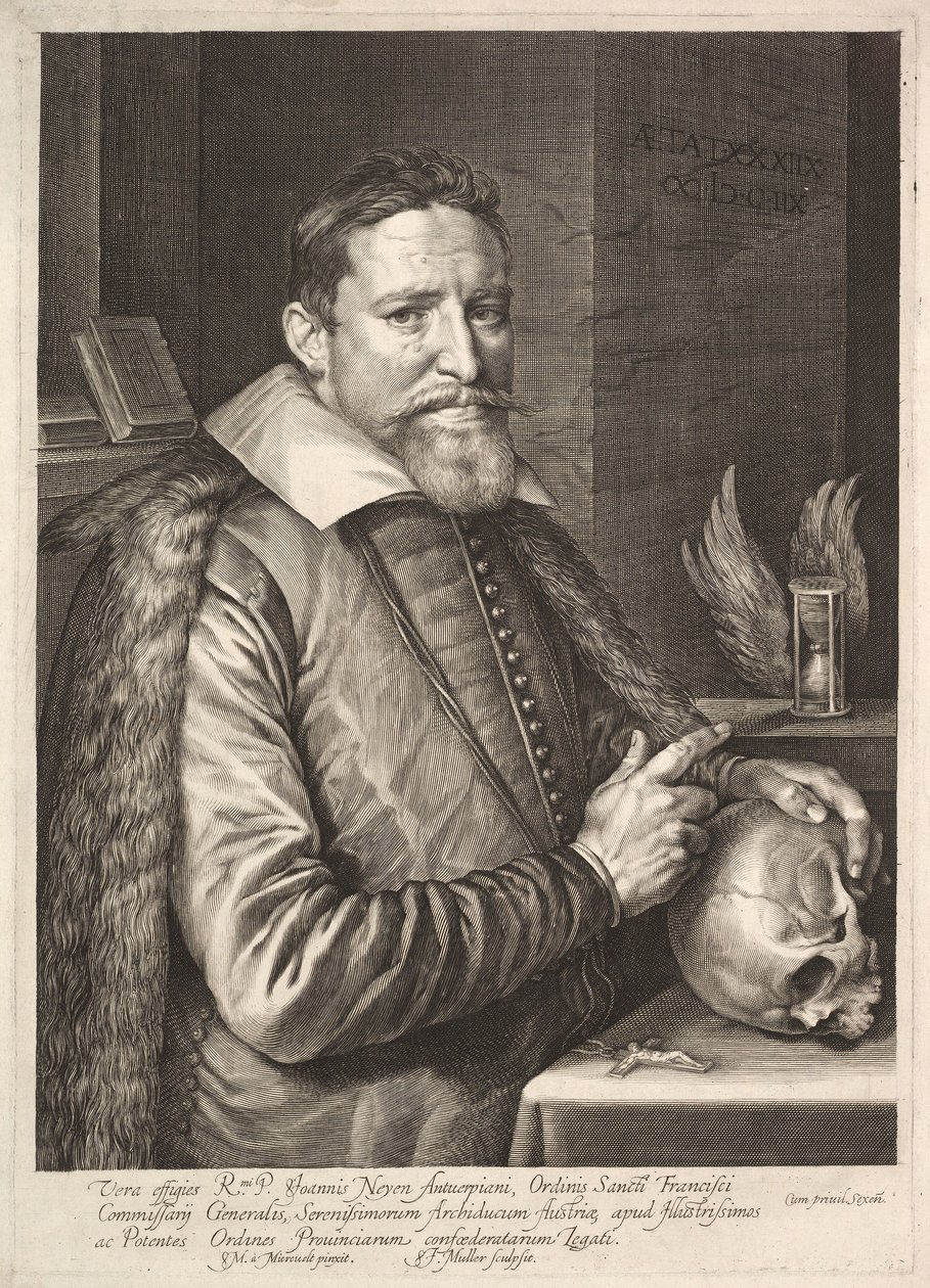Portrett av Johannes Neyen, general av Fransiskanerbrødrenes orden, ambassadør i Trier, pub. 1608 av Michiel Jansz. van after Mierevelt