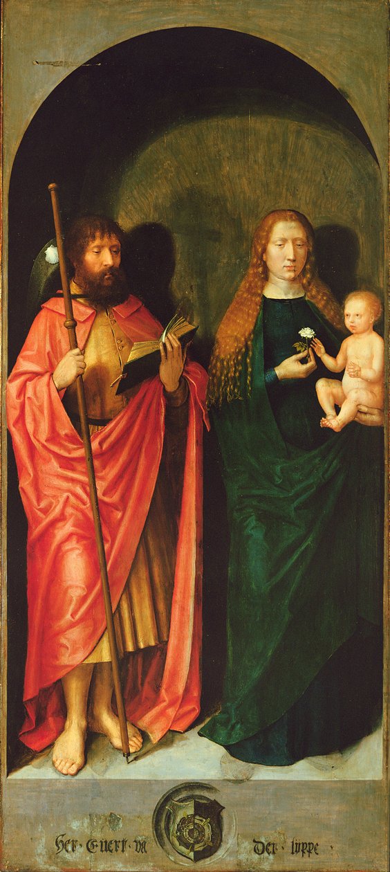 Madonna og barn med apostelen Jakob den eldste fra venstre utvendig fløy på St. Anthonys alter, ca. 1517-18 (olje og tempera på panel) av Michiel Sittow