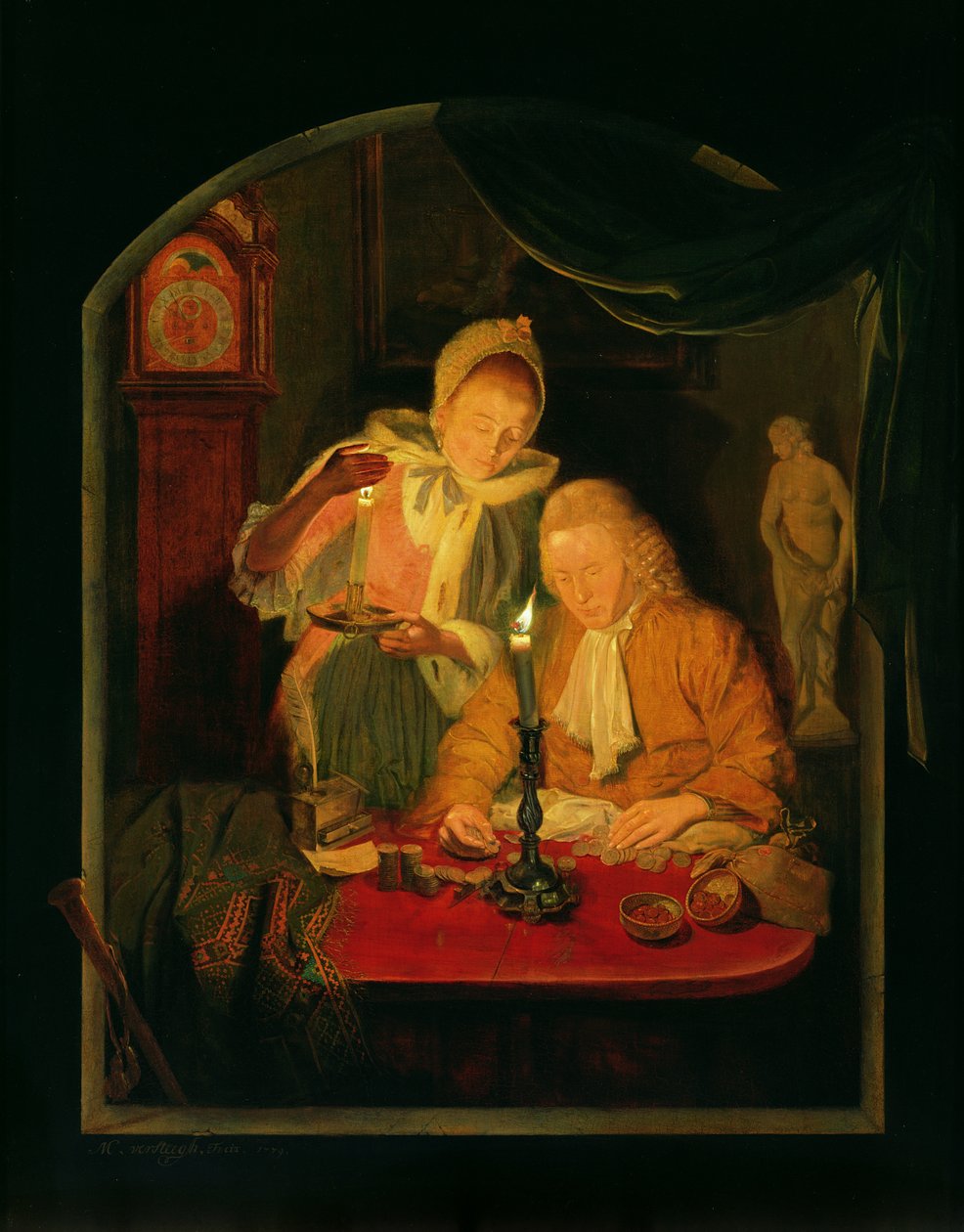 Par som teller penger ved levende lys, 1779 (panel) av Michiel Versteegh
