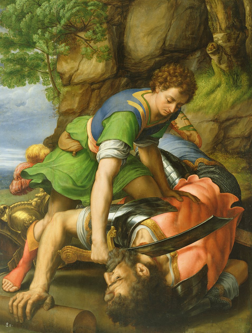 David halshugger Goliat (panel) av Michiel I Coxie or Coxcie