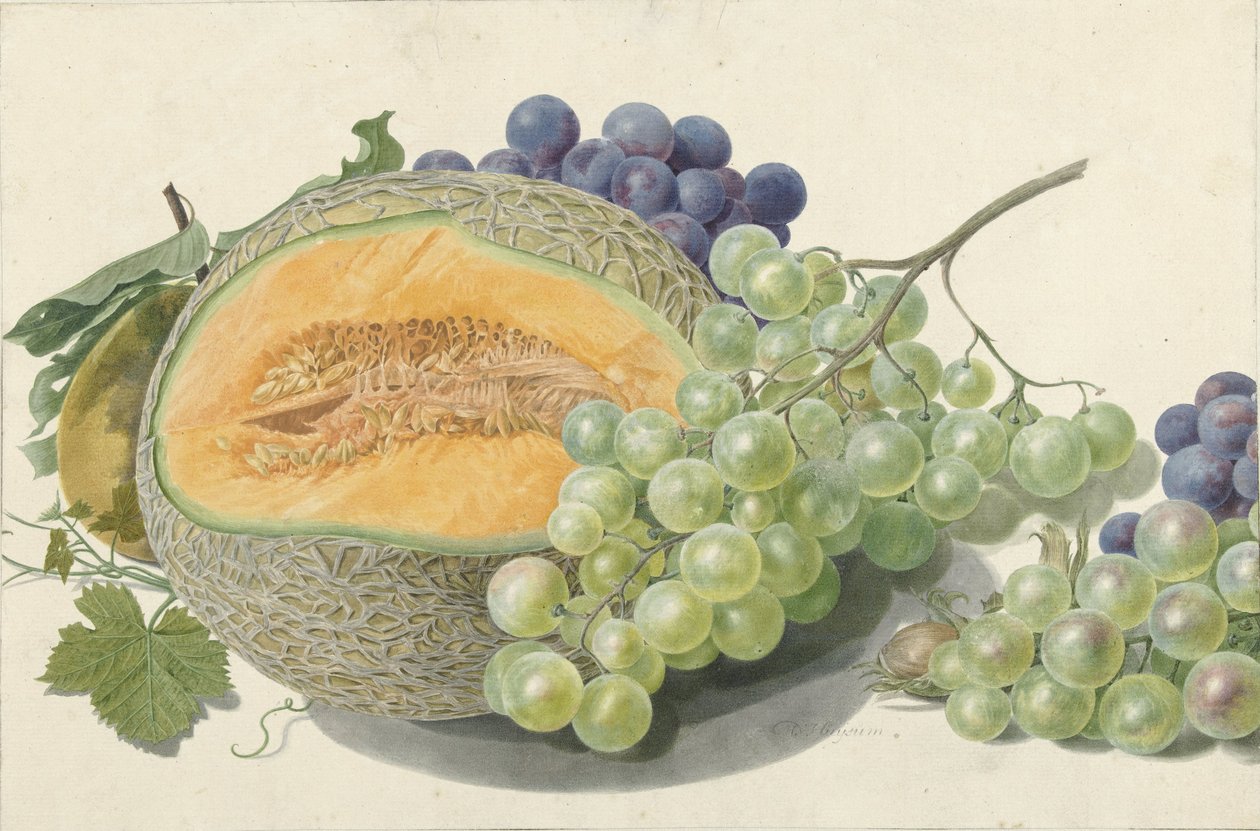 En melon, drueklaser, en fersken og hasselnøtter av Michiel Van Huysum