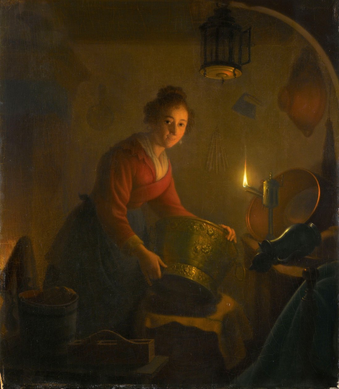 Woman in a Kitchen by Candlelight, ca. 1830 (olje på panel) av Michiel Versteegh