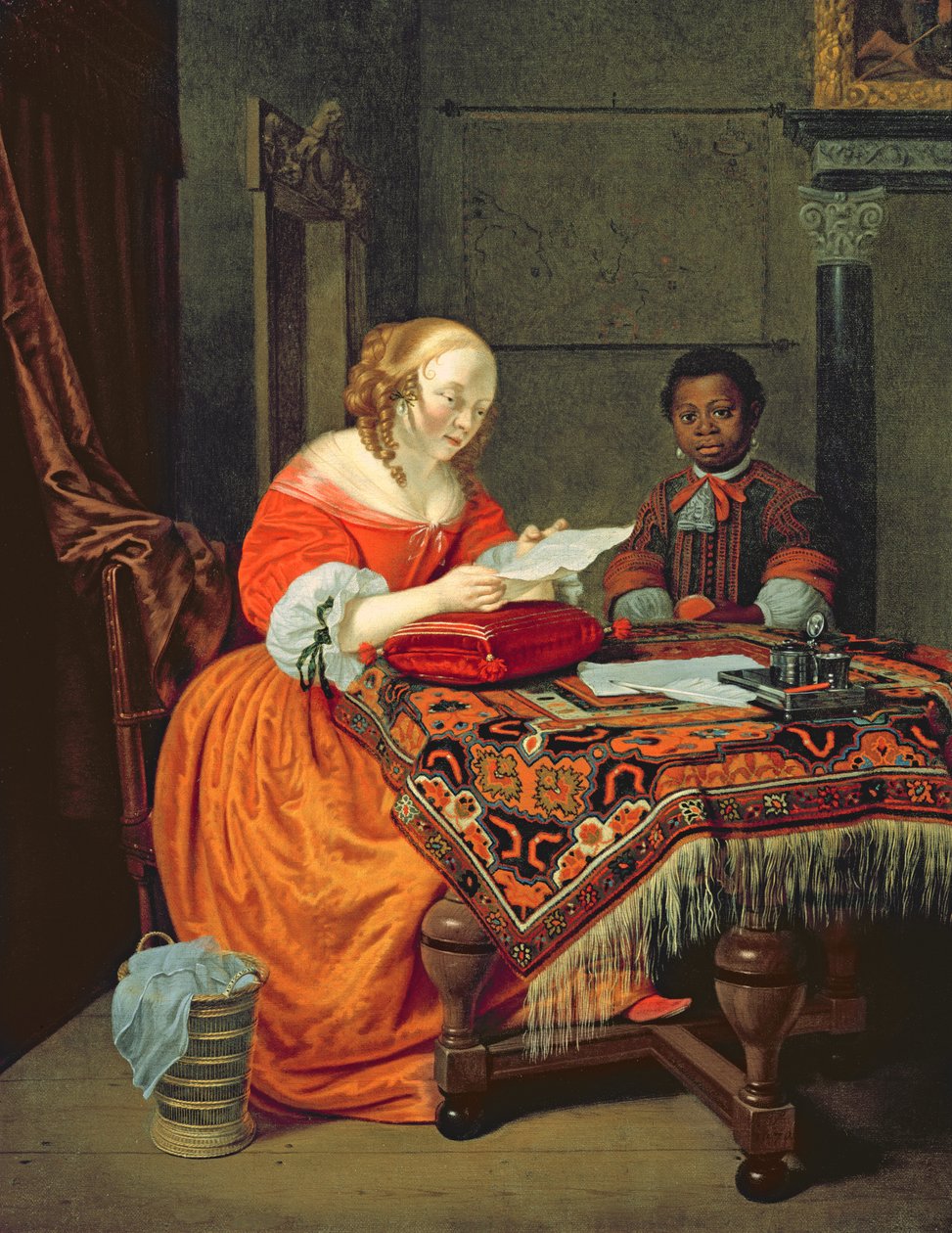 En kvinne som leser et brev med en svart tilstede, 1670 av Michiel van Musscher