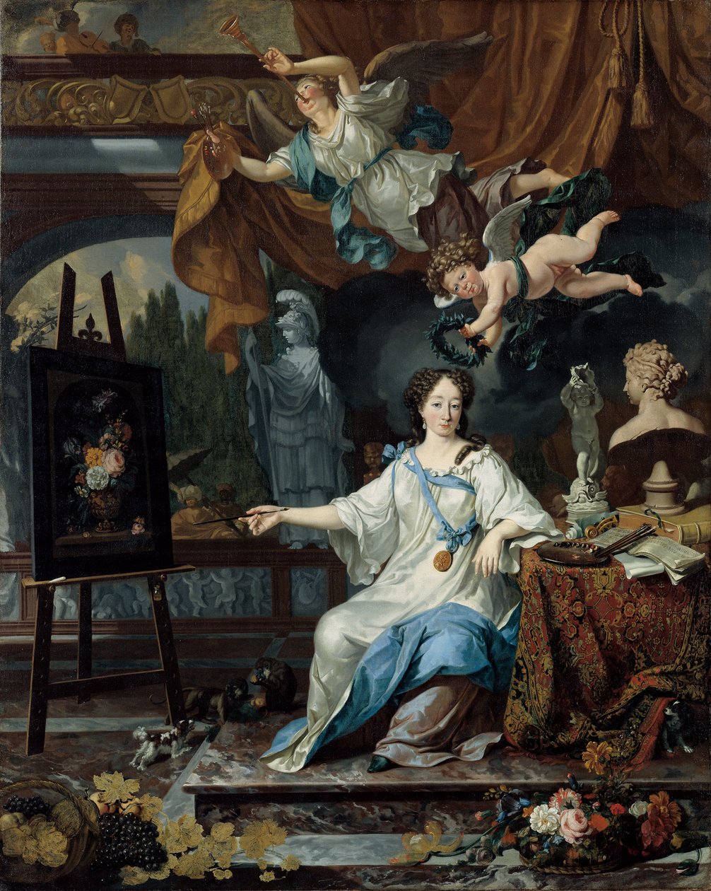Allegorisk portrett av en kunstner i hennes studio, ca. 1675-1685 av Michiel van Musscher