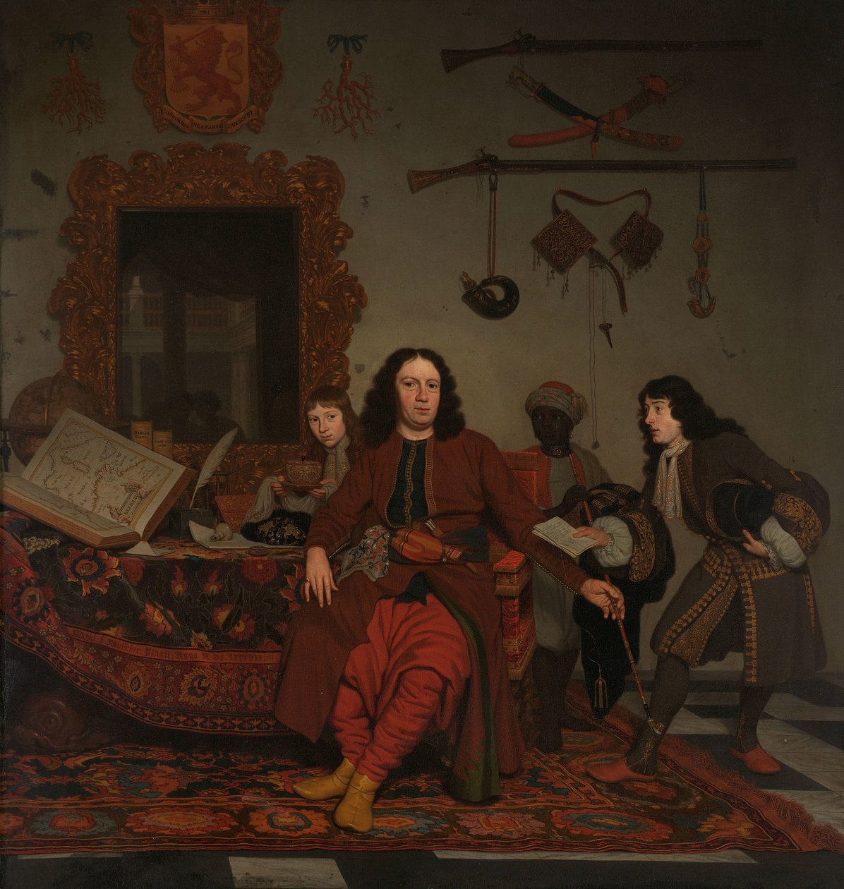 Thomas Hees og hans tjener Thomas og nevøene Jan og Andries Hees Portrett av Thomas Hees (f. 1634/35), bosatt og kommissær for statens general til regjeringene i Alger, Tunis og Tripoli, med nevøene Jan (f. 1670/71) og Andries (f. 1). av Michiel van Musscher
