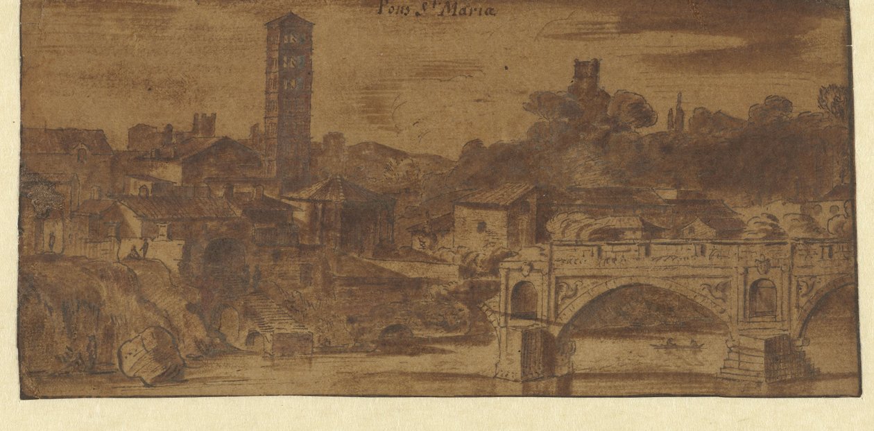 Utsikt over S. Maria i Cosmedin, Vesta-tempelet og Ponte S. Maria i Roma av Michiel van Overbeek