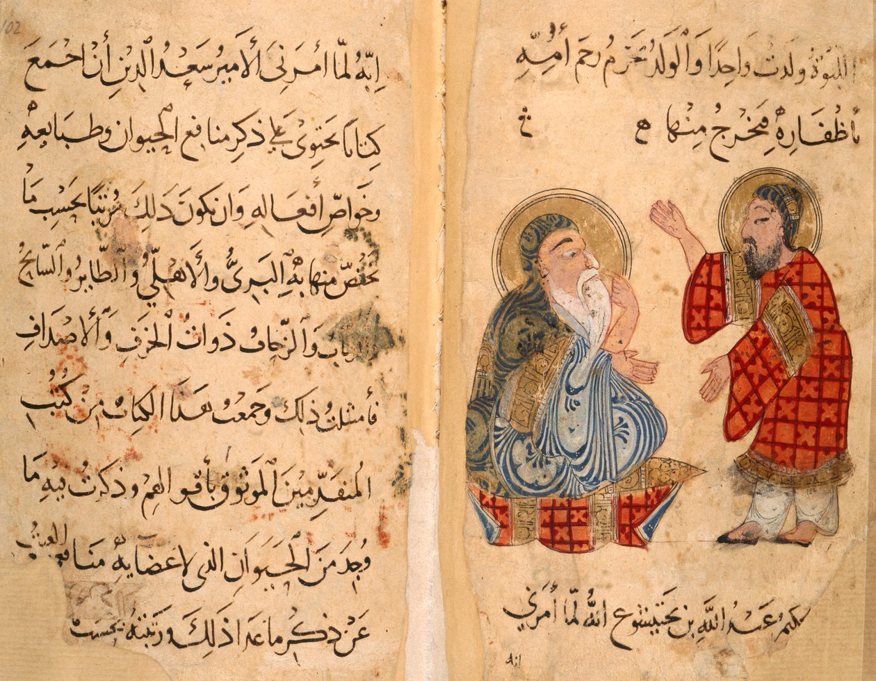 Eller. 2784, ff.101-101v Tekstside, og motsatt, Ibn Bakhtishu og elev, illustrasjon fra 'Kitab Na't al-hayawan' (bok om dyrenes kjennetegn) av Aristoteles og ibn Bakhtishu' (vellum) av Middle Eastern School