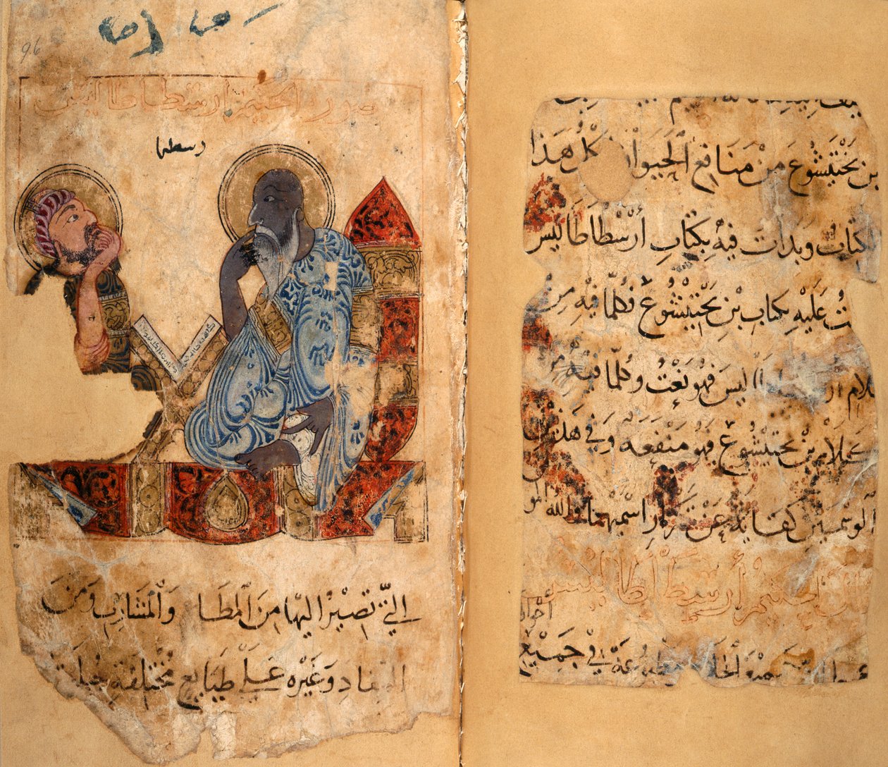 Eller. 2784, ff.95v-96, Vismannen Aristoteles og en elev (vellum) av Middle Eastern School