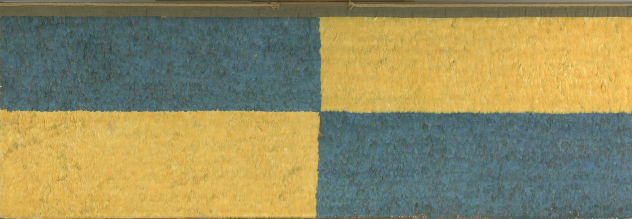 Panel med rektangler av blått og gult fjærarbeid, ca. A.D.650-850 (fjær (blå og gull ara), bomullsklut og kamelfiberduk) av Middle Horizon Epoch 2A