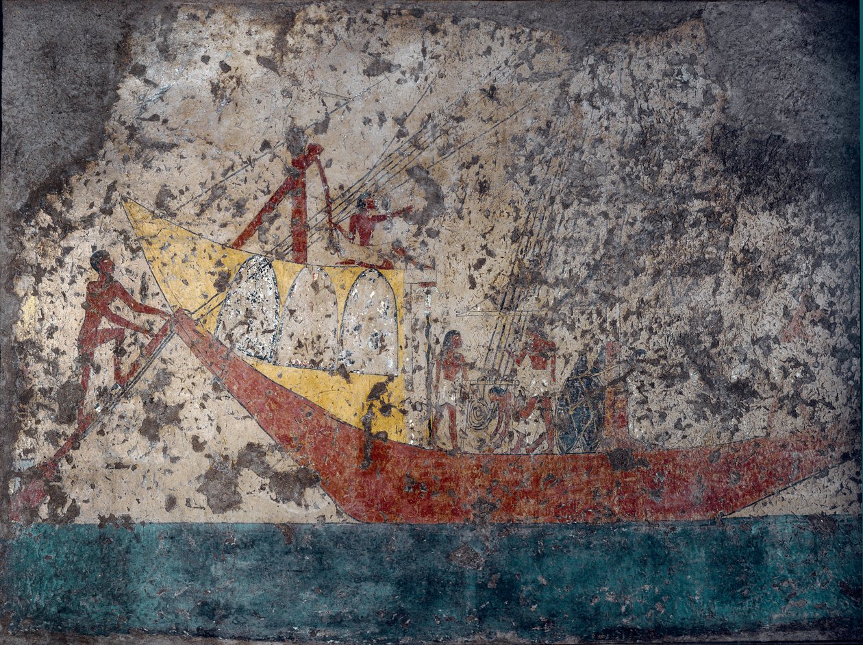 Egyptisk antikvitet: "" egyptisk militærskip"" Fresco fra en grav. 2000 f.Kr. Torino, Museo Egizio av Middle Kingdom Egyptian