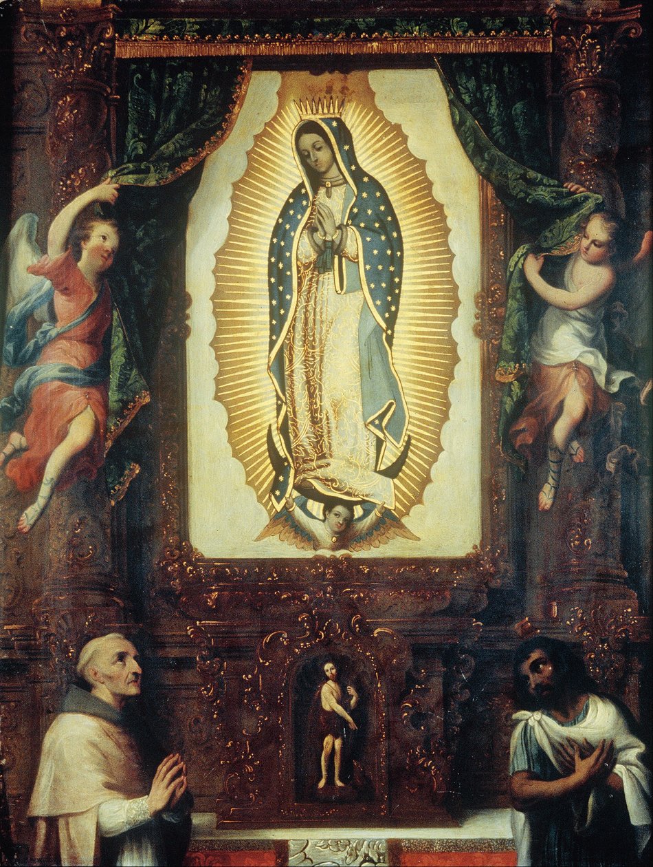 Altertavle av jomfru av Guadalupe med døperen Johannes, Fray Juan de Zumárraga og Juan Diego av Miguel Cabrera