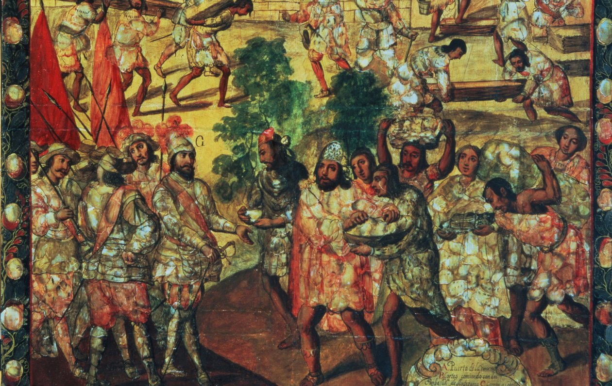 Detalj av Hernan Cortes (1485-1547) som går inn i Cempoal og mottar sjef Gordo (Quauhtlaebana) som gir kjøtt og gaver til alle spanjolene av Miguel Gonzalez