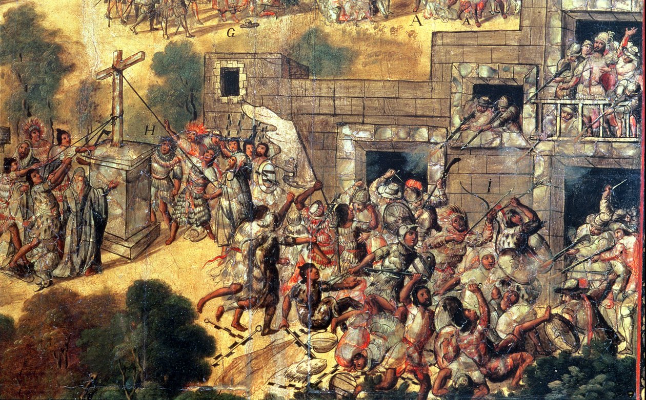 Detalj av forsøket på å trekke ned korset vendt mot idolene og steinkasting og pilskudd mot Montezuma (1466-1520) 1698 (olje på panel) av Miguel Gonzalez