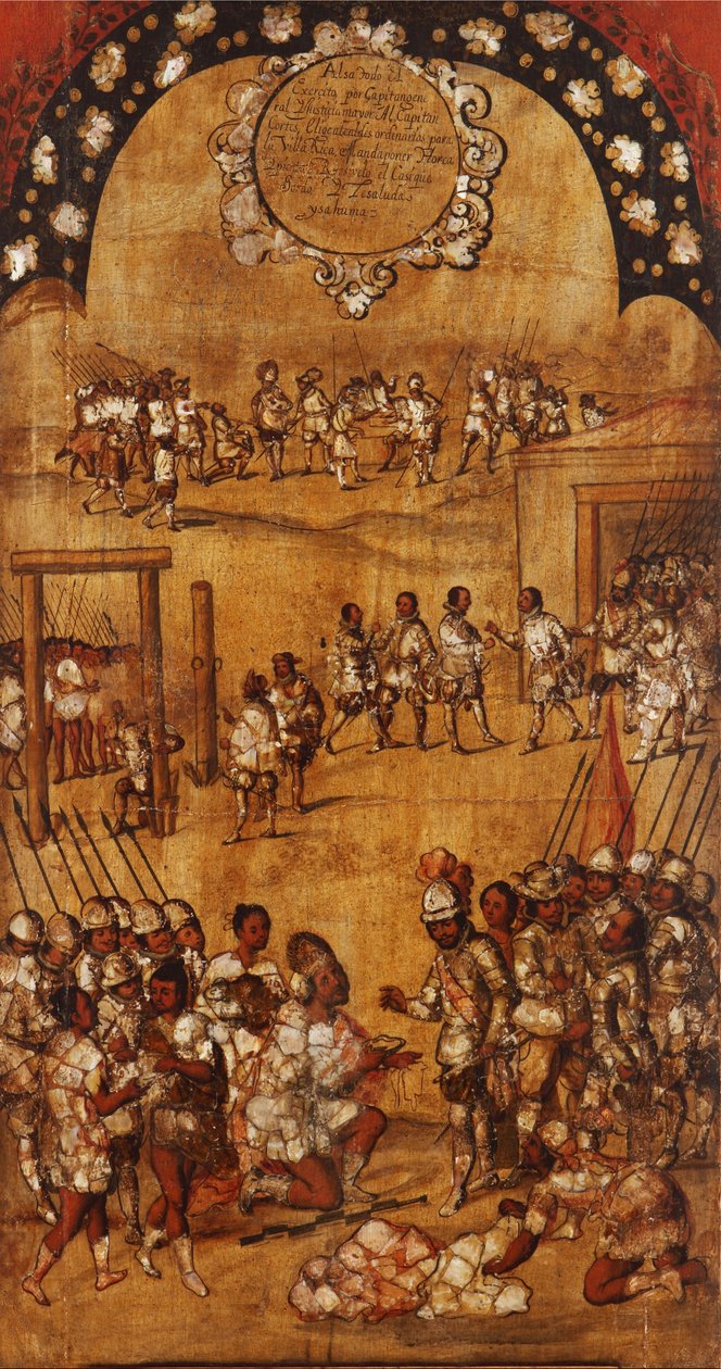 Erobringen av Mexico, Panel III, ca. 1696-1715 (maling på tre) av Miguel Gonzalez