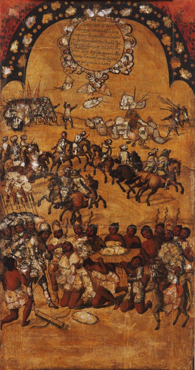 Erobringen av Mexico, Panel II, ca. 1696-1715 (maling på tre) av Miguel Gonzalez