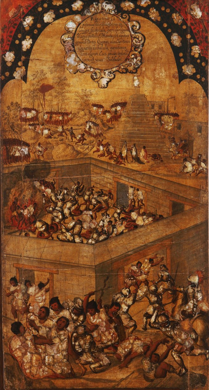 Erobringen av Mexico, Panel VII, ca. 1696-1715 (maling på tre) av Miguel Gonzalez