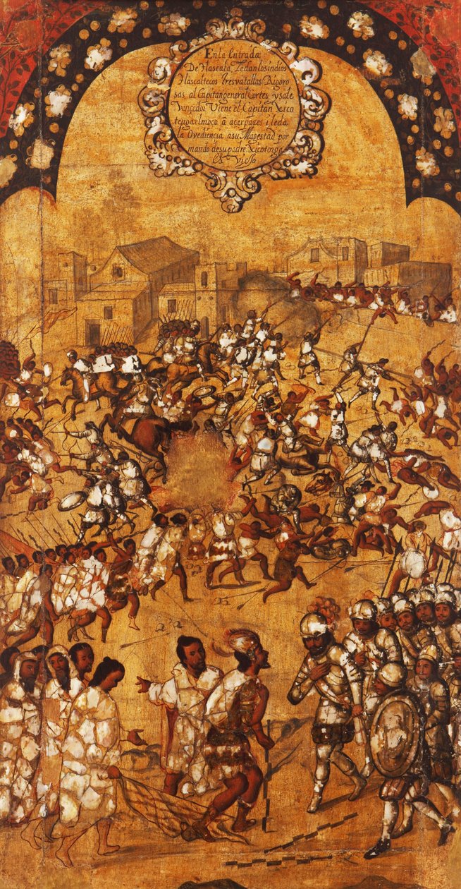Erobringen av Mexico, Panel V, ca. 1696-1715 (maling på tre) av Miguel Gonzalez