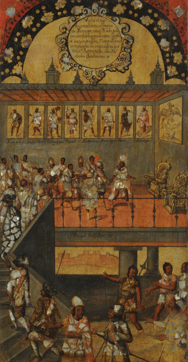 Erobringen av Mexico, Panel XII, ca. 1696-1715 (maling på tre) av Miguel Gonzalez
