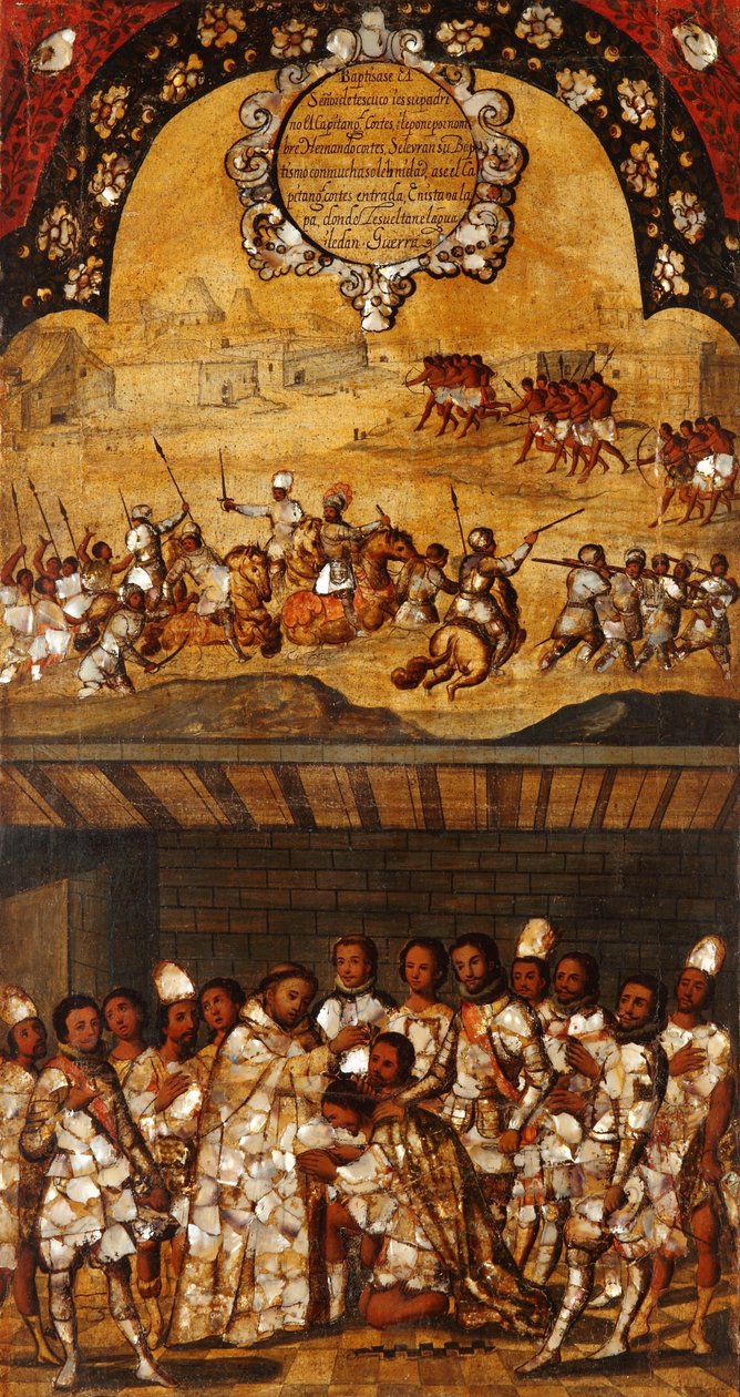 Erobringen av Mexico, Panel XIX, ca. 1696-1715 (maling på tre) av Miguel Gonzalez
