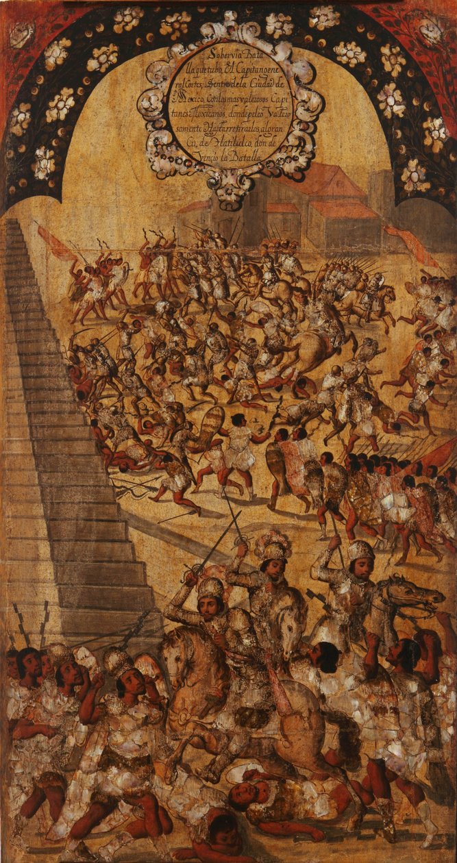 Erobringen av Mexico, Panel XVI, ca. 1696-1715 (maling på tre) av Miguel Gonzalez