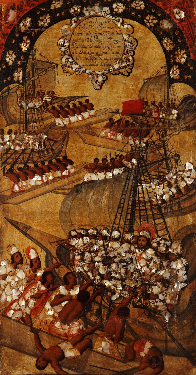 Erobringen av Mexico, Panel XXII, ca. 1696-1715 (maling på tre) av Miguel Gonzalez