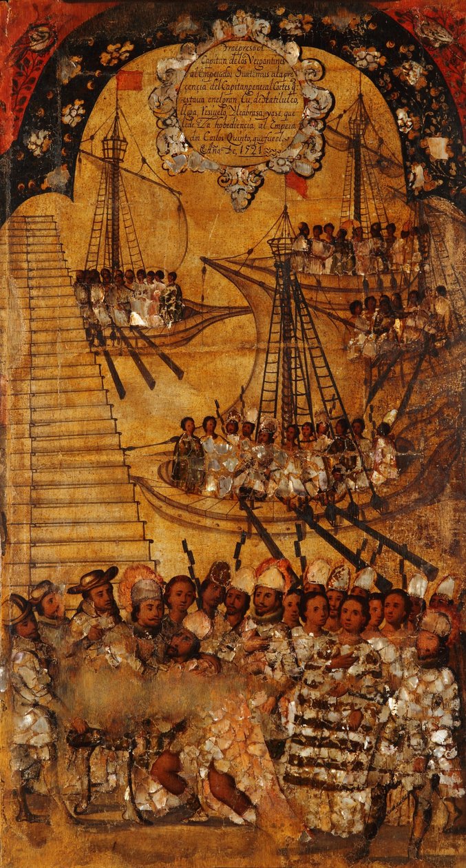 Erobringen av Mexico, Panel XXIV, ca. 1696-1715 (maling på tre) av Miguel Gonzalez