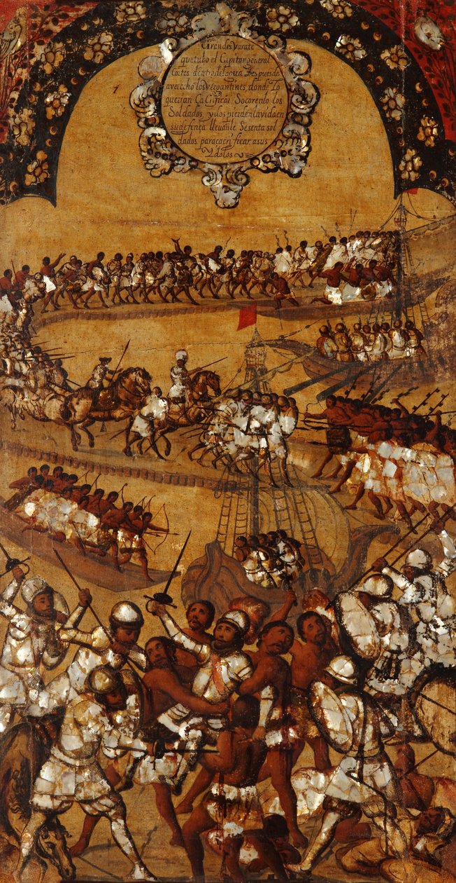 Erobringen av Mexico, Panel XXI, ca. 1696-1715 (maling på tre) av Miguel Gonzalez