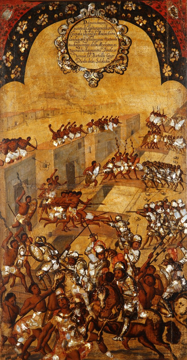 The Conquest of Mexico, Panel XX, ca. 1696-1715 (maling på tre) av Miguel Gonzalez