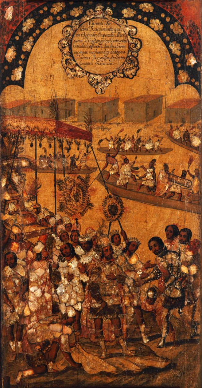 Erobringen av Mexico, Panel X, ca. 1696-1715 (maling på tre) av Miguel Gonzalez