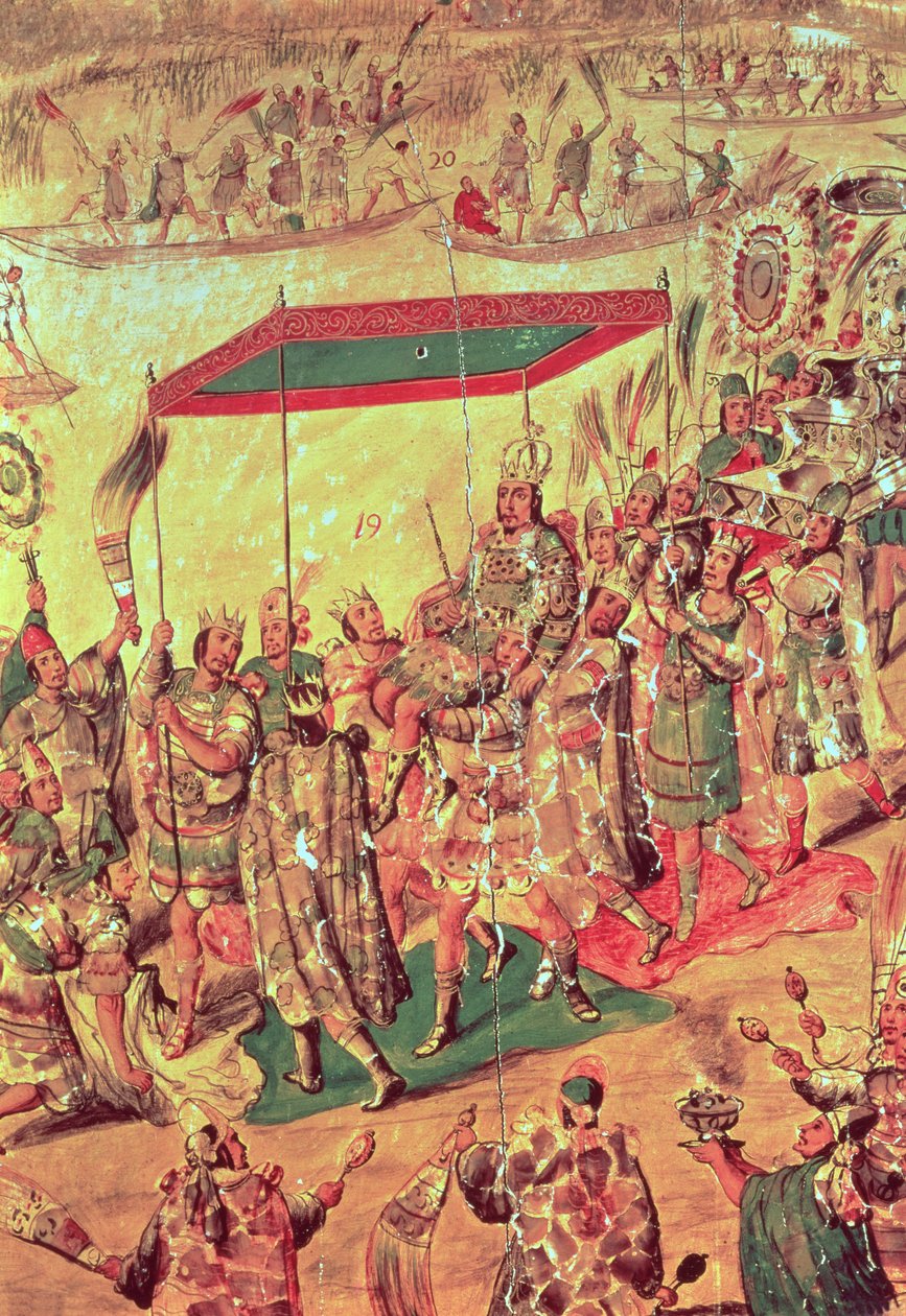 The Welcome of Montezuma (1466-1520) detalj fra et maleri som skildrer 'Erobringen av Mexico av Hernando Cortes (1485-1547) 1698 av Miguel Gonzalez